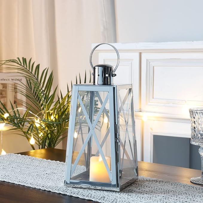 TRIROCKS Stainless Steel Decorative Lantern 12'' H Metal Candle Holder Hanging Candle Lantern with Tempered Glass for Christmas Home Decor Living Room Parties Events Indoor Outdoor(Silver Trapezoid)