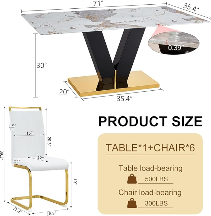 Dining Room Table Set for 6,71'' Marble Dining Table Set,Modern Kitchen Table with 6 PU Leather Chairs,Gold Dining Table Set with V-Shaped Black Glossy Pillars,Ideal for Kitchen Dining Room