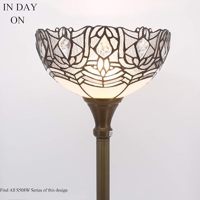WERFACTORY Tiffany Floor Lamp White Crystal Stained Glass Light 12X12X71 Inches Pole Torchiere Standing Corner Torch Uplight Decor Bedroom Living Room Home Office S508W Series