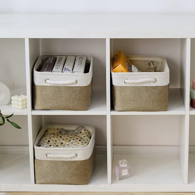 TheWarmHome Storage Basket for Shelves - 1 Pack 14x10x6.7 inch Collapsible Storage Bins Storage Boxes for Organizing for Laundry Closet Gift Cloth Nursery (Whiet & Khaki)