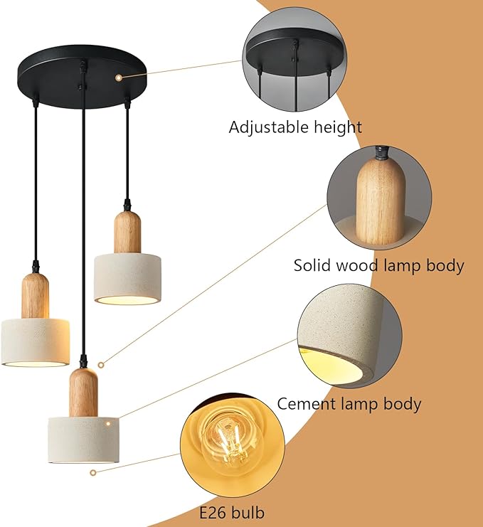 Modern Cement Pendant Lights White Chandelier Wooden Ceiling Lamps for Kitchen Island Bedroom Dining Room Living Room bar（Round 3-Light）