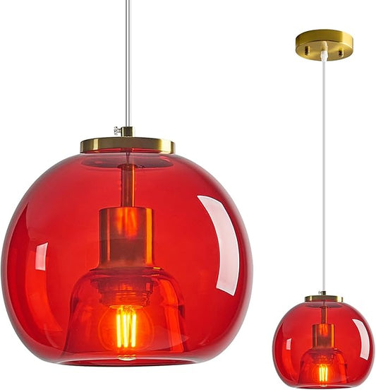 Red Glass Pendant Lights Kitchen Island Gold Hanging Light Fixture Glass Globe Pendant Light Modern Pendant Lighting for Kitchen Island Bedroom Dining Room (7.87", 1 Pack)