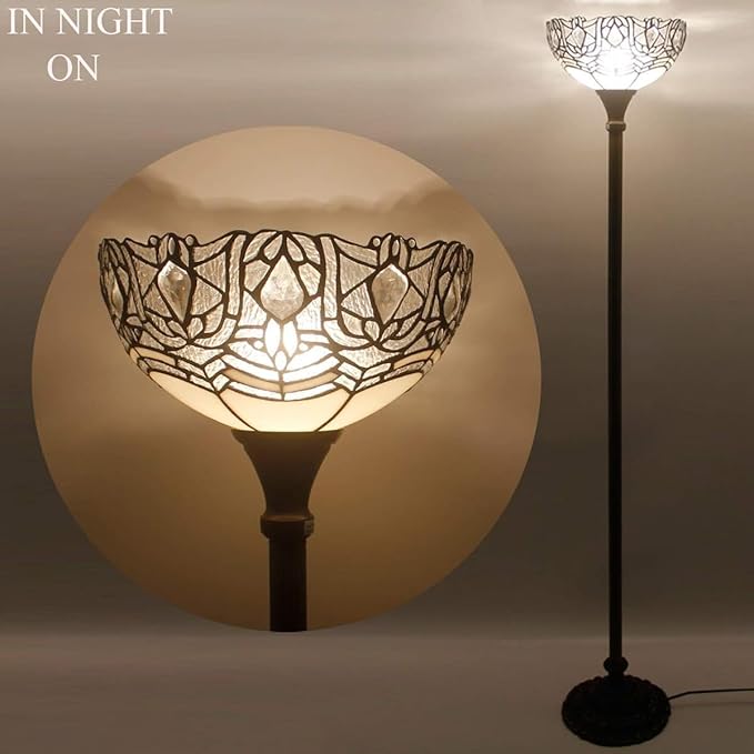 WERFACTORY Tiffany Floor Lamp White Crystal Stained Glass Light 12X12X71 Inches Pole Torchiere Standing Corner Torch Uplight Decor Bedroom Living Room Home Office S508W Series