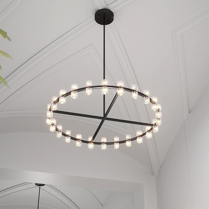 D48'' Large Black Wagon Wheel Chandeliers Black Round Chandelier Glass Chandeliers for Dining Room,Living Room Vintage Chandelier