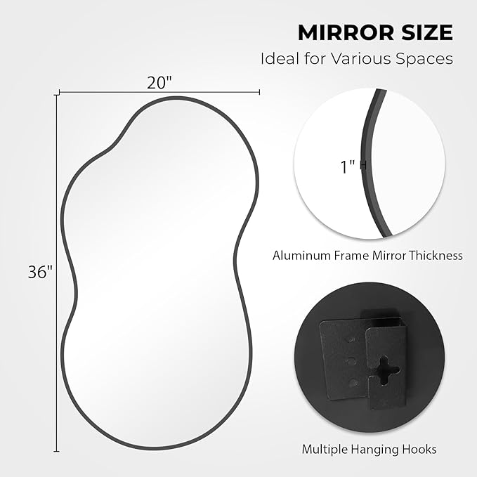WallBeyond Irregular Wall Mirror – Asymmetrical Mirror with Aluminum Alloy Frame, Decorative Wall Mirror for Living Room, Bedroom, Bathroom, and Entryway 36" H x 20" W (Black)