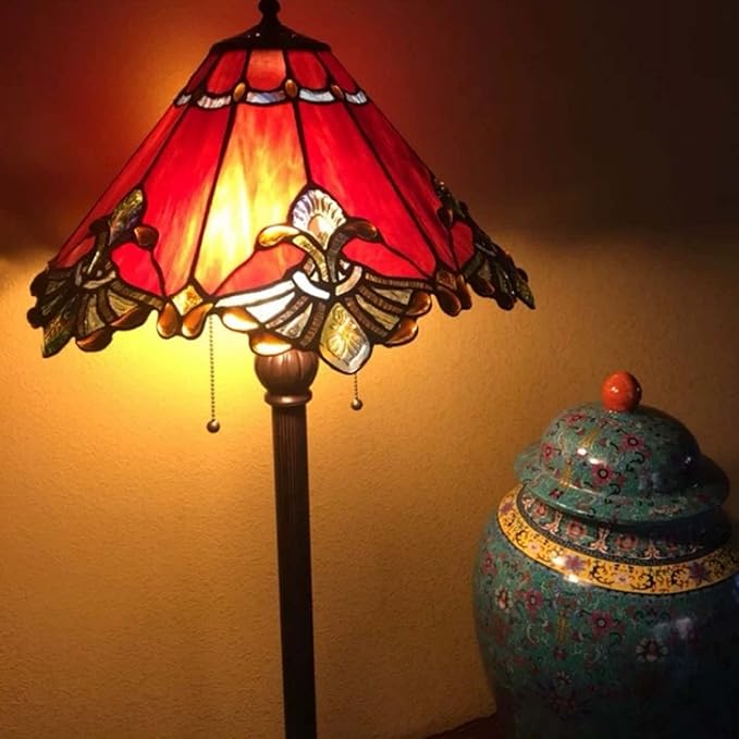 Bieye L10242 Baroque Tiffany Style Stained Glass Floor Lamp with 17-inch Wide Lampshade, 65-inch Tall (Red)
