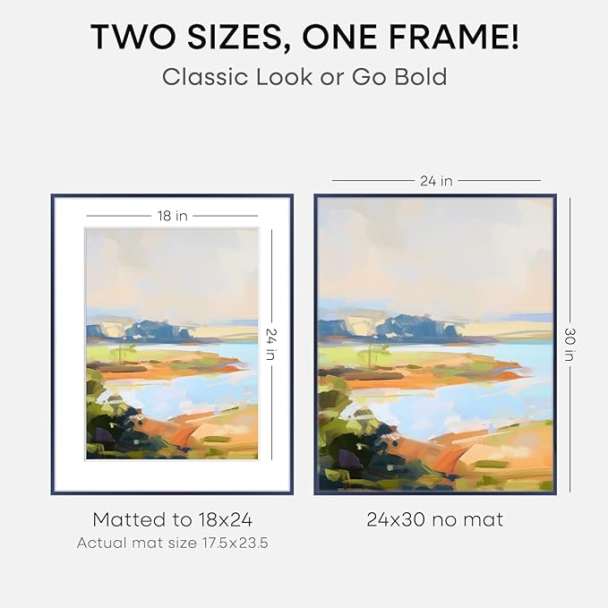 Homeforia 24x30 Frame Navy Blue, High End Metal 24x30 Picture Frames with Mat 18x24 Photo, 24 x 30 Thin Navy Blue Poster Frame Matted to 18 by 24, 30x24 Large Frame, Tempered Glass, Wall Kit, Set of 1