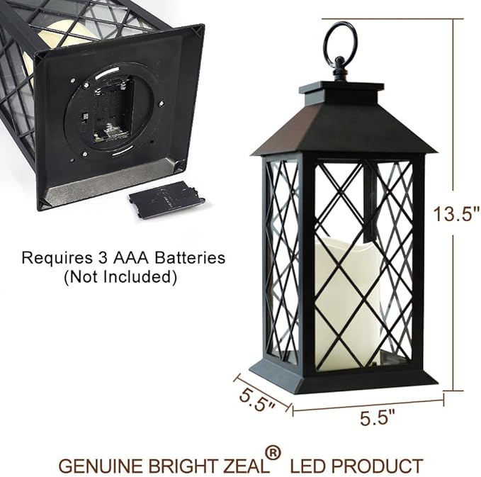 Bright Zeal 13.5" Decorative Candle Lantern with Timer Candles - IP44 Waterproof Vintage Lanterns Battery Powered LED Decorative for Wedding - Warm White Hanging Wall Lanterns