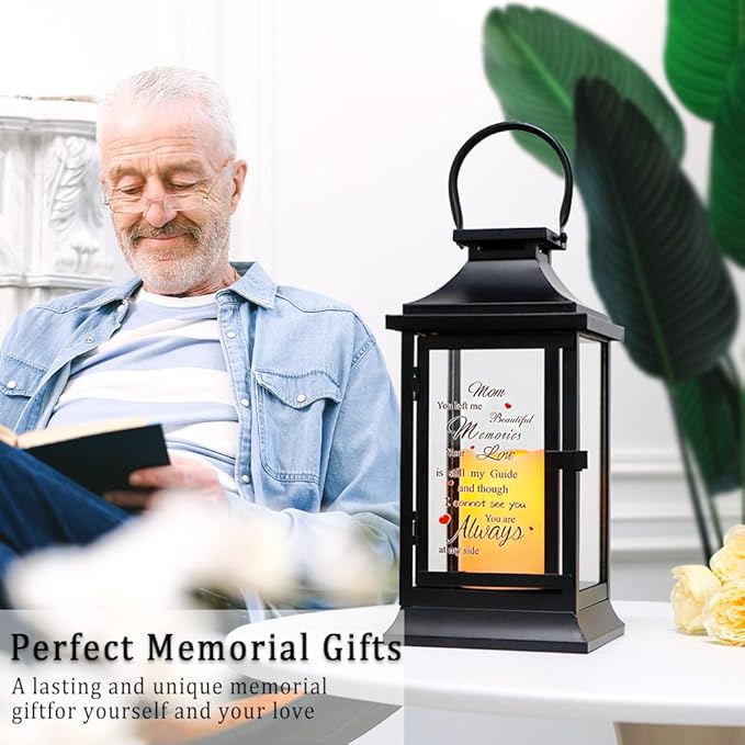 Memorial Lantern Bereavement Gifts in Memory of Loved One Memorial Gifts for Loss of Mother/Father/Loved One Remembrance Sympathy Gifts with Timer LED Candle and Tribute Stickers(with Postcard)