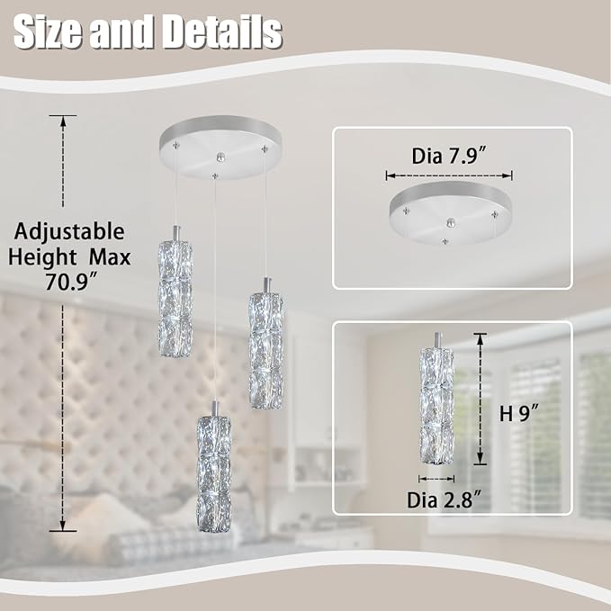 Pendant Lights Kitchen Island 3-Lights Silver Crystal Chandelier for Dining Room Hallway Stairwell,LED Dimmable 2700K-6000K