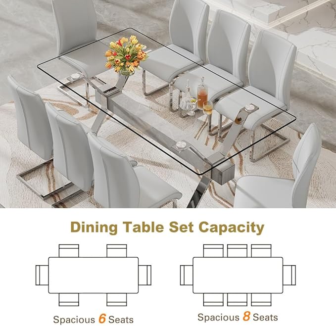 71'' Glass Dining Table Set for 8,9 Piece Dining Table Set with Tempered Glass Tabletop and Open‑Frame X‑Shaped Metal Base,Kitchen Table and Chairs Ideal for Dining Room&Home Office