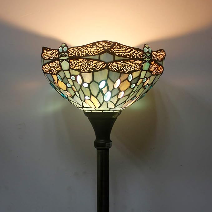 WERFACTORY Tiffany Floor Lamp Sea Blue Stained Glass Dragonfly Light 12X12X71 Inches Pole Torchiere Standing Corner Torch Uplight Decor Bedroom Living Room Home Office S147 Series