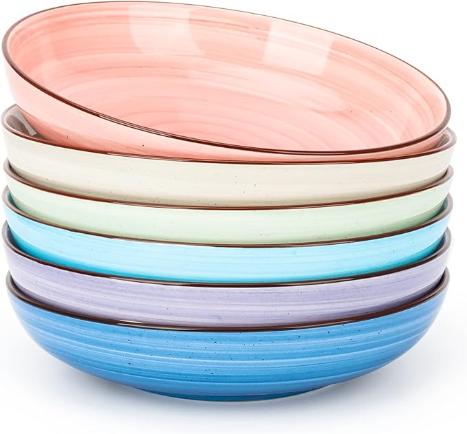 KitchenTour Ceramic Pasta Bowls - Large Salad Bowls Porcelain Serving Bowl Set 26 Ounce - 8 Inch Soup Bowl - Dishwasher and Microwave Safe - Set of 6, Assorted Warm Colors