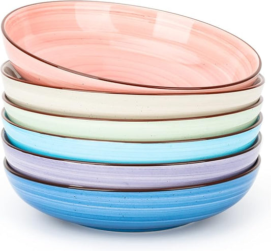 KitchenTour Ceramic Pasta Bowls - Large Salad Bowls Porcelain Serving Bowl Set 26 Ounce - 8 Inch Soup Bowl - Dishwasher and Microwave Safe - Set of 6, Assorted Warm Colors