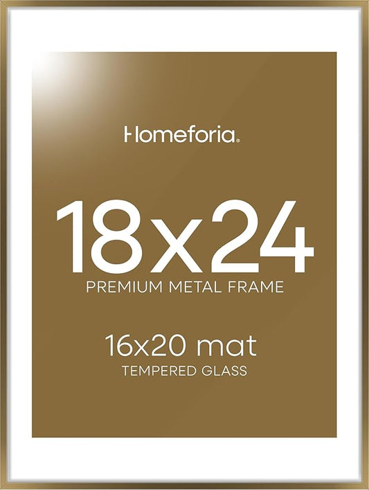 Homeforia Picture 18x24 Bronze Frame, High End Metal 18x24 Brass Poster Frames with Mat 16x20 for Photo, 18 x 24 Frame Matted to 16 x 20 Print, 24x18 Hanging Frames, Tempered Glass, Wall Kit, Set of 1