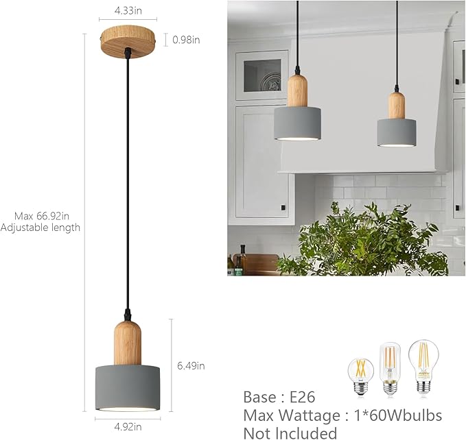 Modern Cement Pendant Lights Grey Chandelier Wooden Ceiling Lamps for Kitchen Island Bedroom Dining Room Living Room bar（2 Pack）