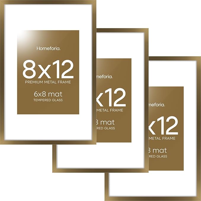 Homeforia 8x12 Picture Frame Bronze, High End Metal 8 x 12 Brass Frames with Mat 6 by 8 for Photo, 12x8 Frame Matted to 6x8 inch Print, 8by12 Wall or Tabletop Frame, Tempered Glass, Wall Kit, Set of 3