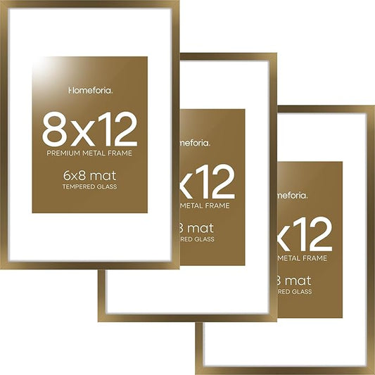 Homeforia 8x12 Picture Frame Bronze, High End Metal 8 x 12 Brass Frames with Mat 6 by 8 for Photo, 12x8 Frame Matted to 6x8 inch Print, 8by12 Wall or Tabletop Frame, Tempered Glass, Wall Kit, Set of 3