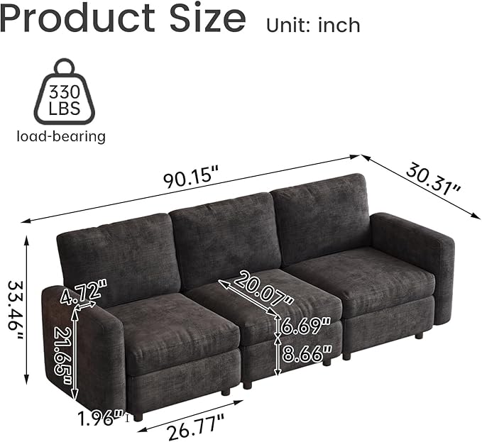 3-Seat Modular Sofa Couch Grey with Ergonomic Cushions, Convertible Sleeper Sectional for Living Room Bedroom Apartment, Cloud Futon Lounge Furniture Set for Small Spaces