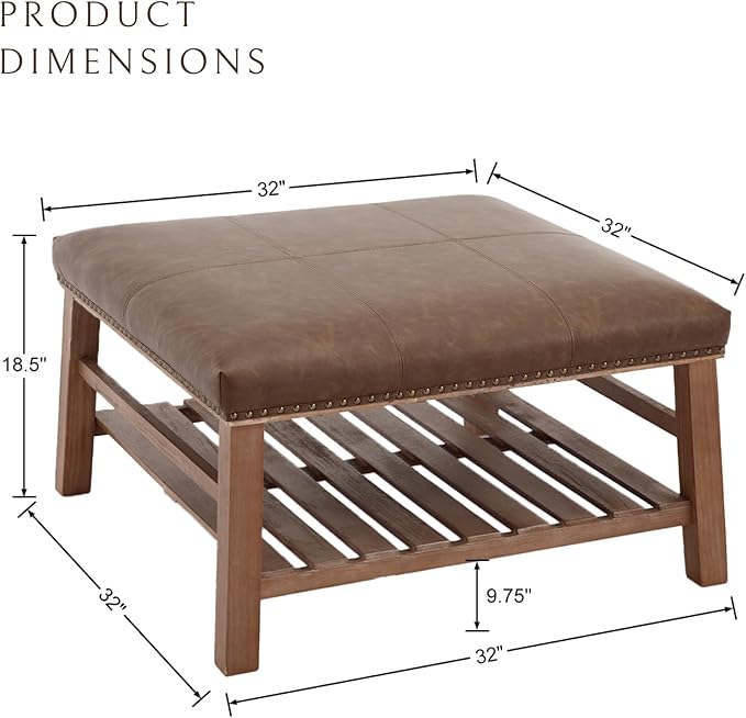 Large Square Coffee Table with Storage,Modern Faux Leather Ottoman Coffee Table,Luxury Upholstered Couch Table for Living Room/Sofa/Bedroom,Brown