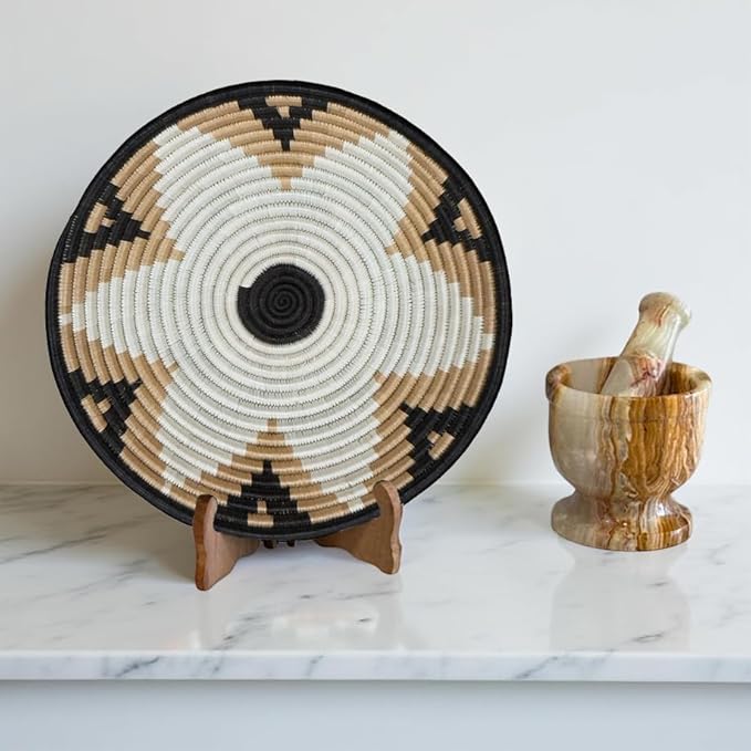 Handwoven African Basket Handmade sisal Fruit Bowl Wall Hanging decorative Baskets for Home Living Room Kitchen Centerpiece Zen Designs Arts and Crafts (Black Beige White, 10in diameter)