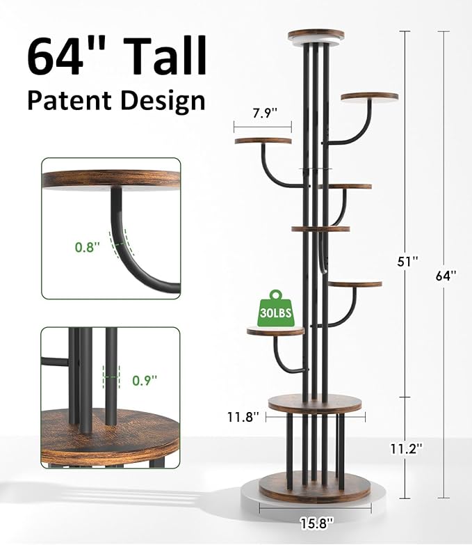 64" Tall Indoor Plant Stand with Grow Light, 9 Tier Metal Rotating Plant Shelf, Adjustable Tree-Shaped Plant Display Rack for Living Room, Bedroom, Office, Balcony