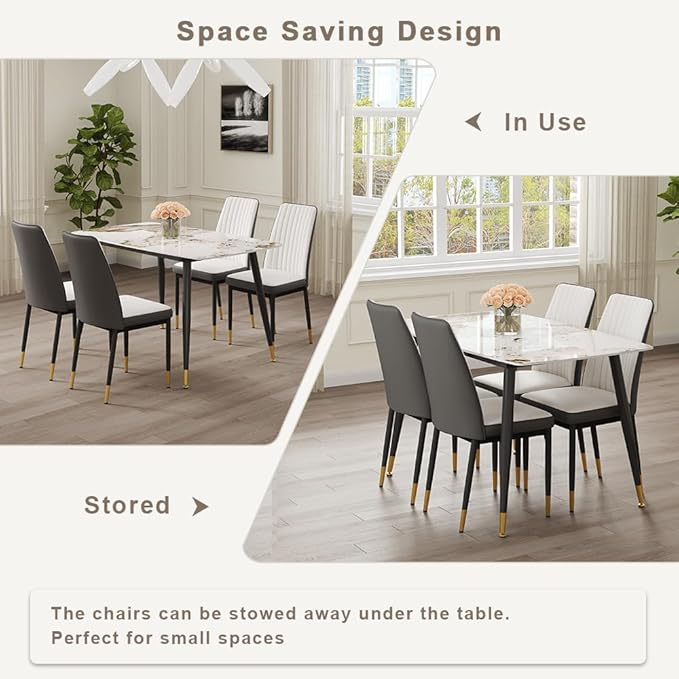 50" Modern Sintered Stone Dining Table Set 5 Pieces Rectangular Faux Marble Kitchen Table with 4 PU Leather Chair Dinner Set(1Faux Marble Table+4White Gray Chairs)