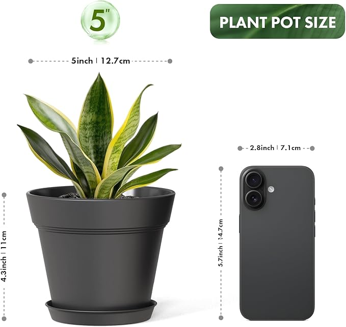 5 Inch Plastic Plant Pots with Drainage Holes and Trays – 6 Pack Small Nursery Pots for Indoor & Outdoor House Plants and Flowers, Seedling Starter Planters, Matte Black