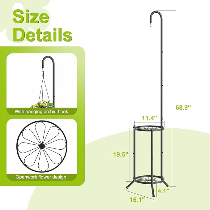 Plant Stand with Hooks Indoor Outdoor Corner Tall Plant Stand Heavy-Duty Metal 3-Tier Plant Shelf Holder Rack for Patio Garden Balcony Living Room Bedroom(semicircular Black)