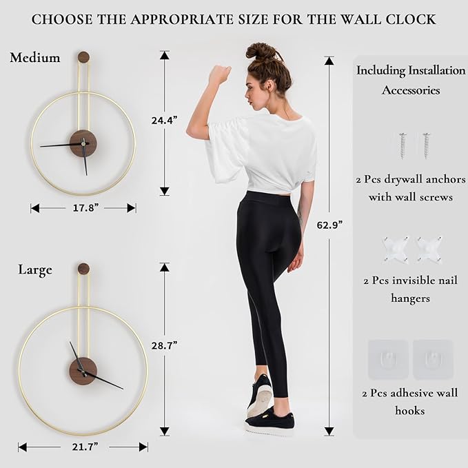 Modern Wall Clock Large Wall Clocks with Walnut Dial Silent Non-Ticking for Living Room Home Decor Bedroom Kitchen Office 17.8''× 24.4'' (Gold, Medium)
