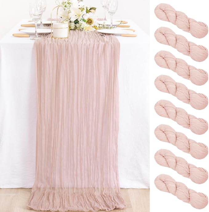 MLMC 8 Pack Pink Table Runner Boho Dusty Pink Cheesecloth Table Runner 10ft Gauze Cheese Cloth Fall Decor 35x120 Inches for Wedding Bridal Baby Shower Birthday Party Decor