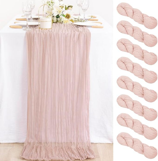 MLMC 8 Pack Pink Table Runner Boho Dusty Pink Cheesecloth Table Runner 10ft Gauze Cheese Cloth Fall Decor 35x120 Inches for Wedding Bridal Baby Shower Birthday Party Decor