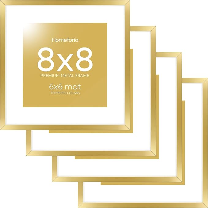 Homeforia 8x8 Picture Frame Gold, High End Metal 8 x 8 Square Photo Frames with Mat 6 by 6, 8x8 Poster Frame Matted to 6x6 inches Print, 8by8 Wall or Tabletop Frame, Tempered Glass, Wall Kit, Set of 4