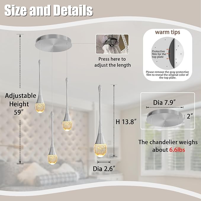 Pendant Lights Kitchen Island 3-Lights Silver Crystal Chandelier for Dining Room Hallway Stairwell,LED Dimmable 2700K-6000K