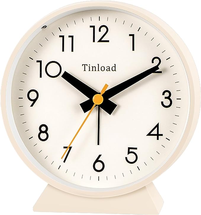 4.5" Battery Operated Antique Retro Analog Alarm Clock, Small Silent Bedside Desk Clock,Lighted on Demand, Battery Operated, Snooze, for Living Room, Bedroom, Bedside, Desk(Cream)