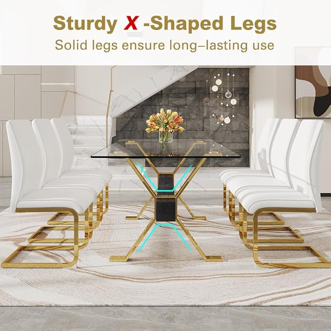 71'' Modern Dining Table Set for 6,7 Piece Glass Dining Table Set with Open‑Frame X‑Shaped Golden Metal Base,Gold Kitchen Table and Chairs Ideal for Dining Room&Home Office