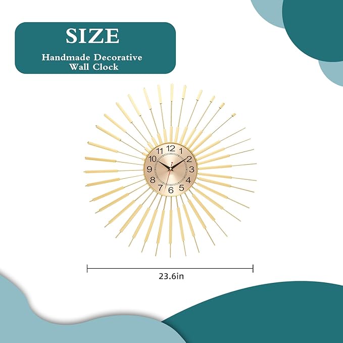 Wall Clock Large 23 Inch - Starburst Sunburst Round Gold, Modern Non-Ticking Battery Operated Silent Decorative Clock for Living Room Bedroom Kitchen Office
