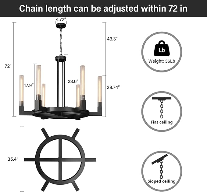 Black 6-Lights Wagon Wheel Chandelier with Glass Tube, 35''Farmhouse Chandeliers Round Luxurious Large Chandelier Fixture Ceiling Pendant Lighting for Dining Living Room, Foyer