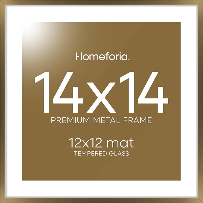 Homeforia 14x14 Picture Bronze Frame, High End Metal 14 x 14 Square Poster Frame with Mat 12 x 12 Photo, 14x14 Brass Frame Matted to 12x12 Print, 14by14 Thin Frames, Tempered Glass, Wall Kit, Set of 1
