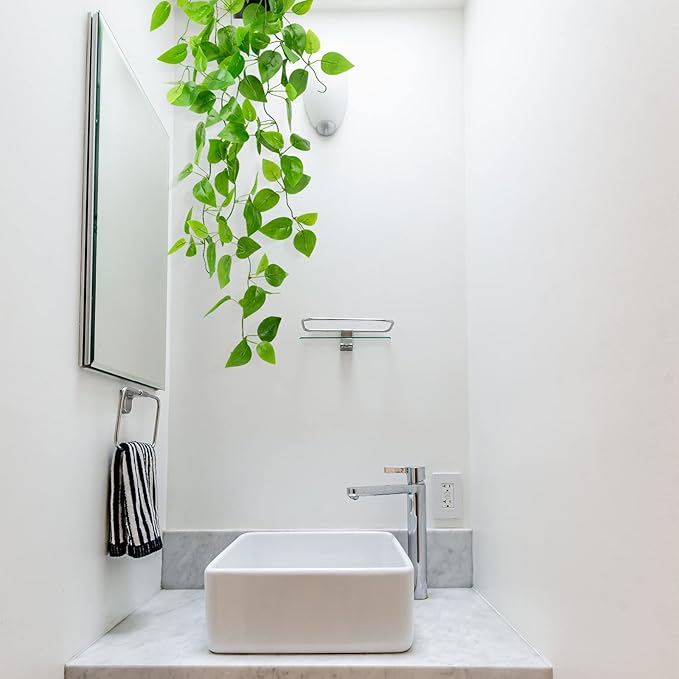 LOYWREE Small Fake Hanging Plant Artificial Potted Plants for Indoor Outdoor Aesthetic - 39in Realistic Faux Hanging Pothos with Ivy Vine for Shelf Decor in Home Office Gardens Greenery (Black Pot)