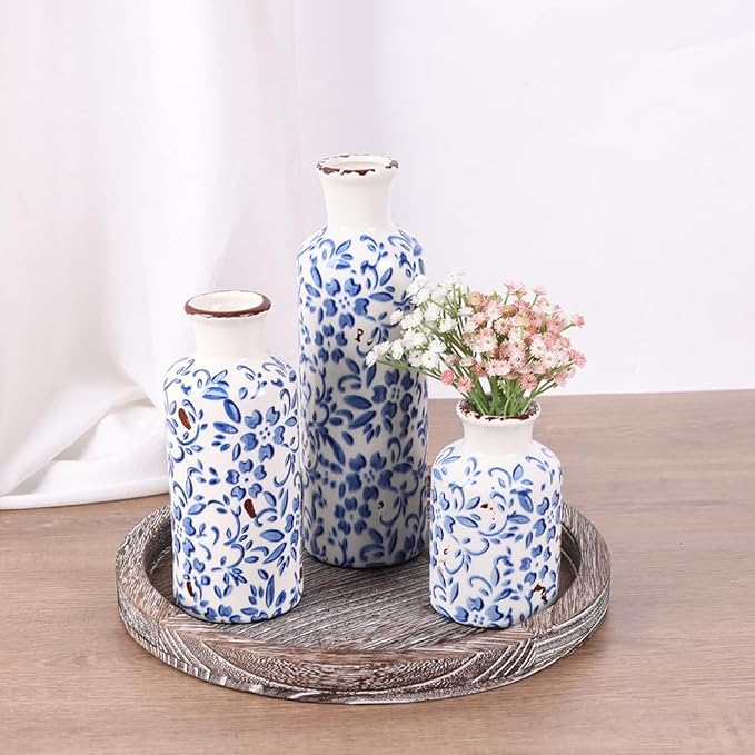 Blue and White Ceramic Vase Set of 3 – Vintage Floral Porcelain Pottery Vases, Rustic Decorative Vases for Flowers, Farmhouse Chinoiserie Home Decor, Table, Mantel, Living Room & Shelf Centerpieces