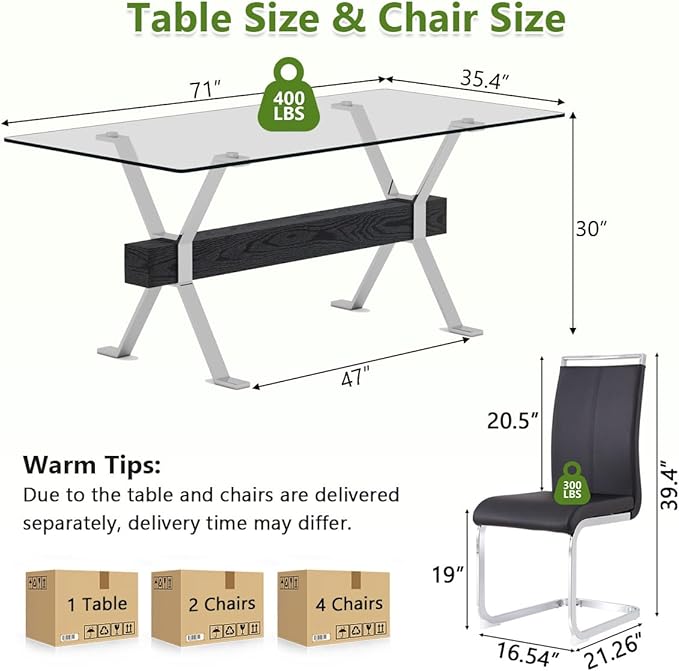 7 Piece Glass Dining Table Set, Kitchen Table Chairs Set for 6, 71'' Dining Table with 0.4" Tempered Glass Tabletop with Plated Metal Legs and MDF Crossbar, 6 PU Chairs for Dining Room, Kitchen.