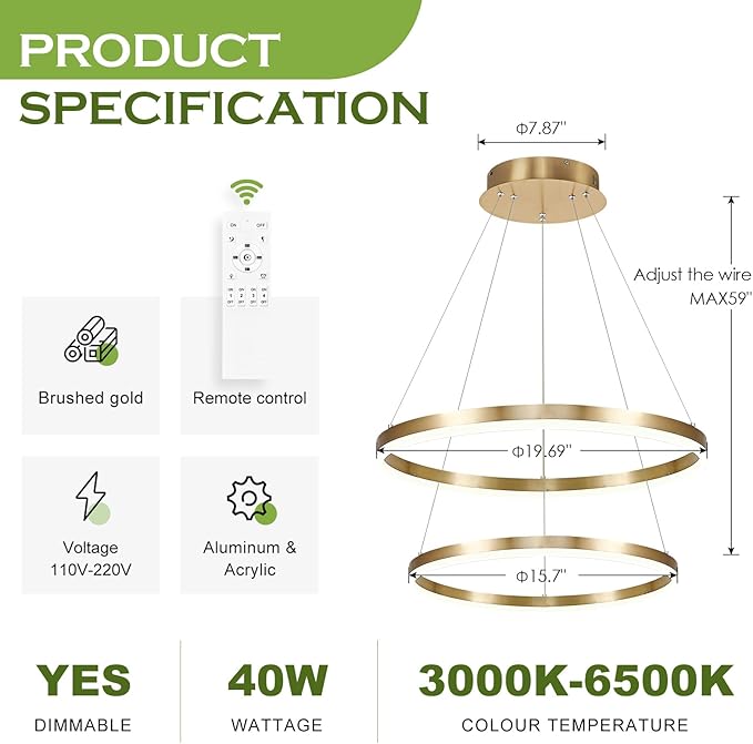 2-Rings Modern LED Chandelier Gold for Dining Room, Circular Flush Mount Ceiling Chandelier Light Dimmable Pendant Light with Remote Control for Living Room Entrance Foyer, 3000K-6500K