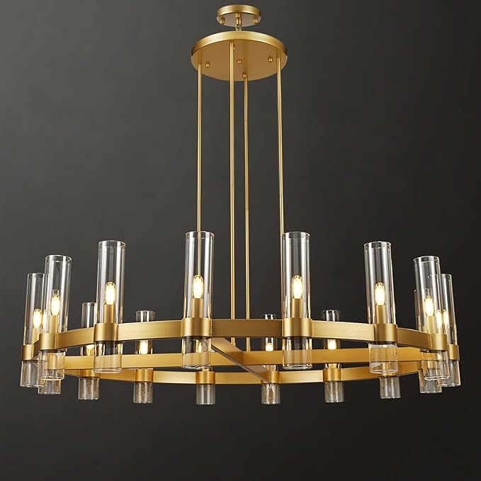 Modern 48" Gold Wagon Wheel Chandelier, Brass Round Chandeliers for Dining Room,16-Light Farmhouse Living Room Chandelier with Glass Tube for Bedroom,Staircase, Foyer, Entryway, Includes Bulbs