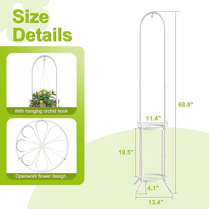 BMOSU Plant Stand with Hooks Indoor Outdoor Corner Tall Plant Stand Heavy-Duty Metal 3-Tier Plant Shelf Holder Rack for Patio Garden Balcony Living Room Bedroom(circular White)