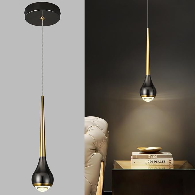 Modern LED Dimmable Pendant Light fixtures,Mini Black Gold Pendant Lighting for Kitchen Island Dinning Room,Bedroom,Bar, Kitchen Island Ceiling Hanging Light Fixtures(1-Pack)