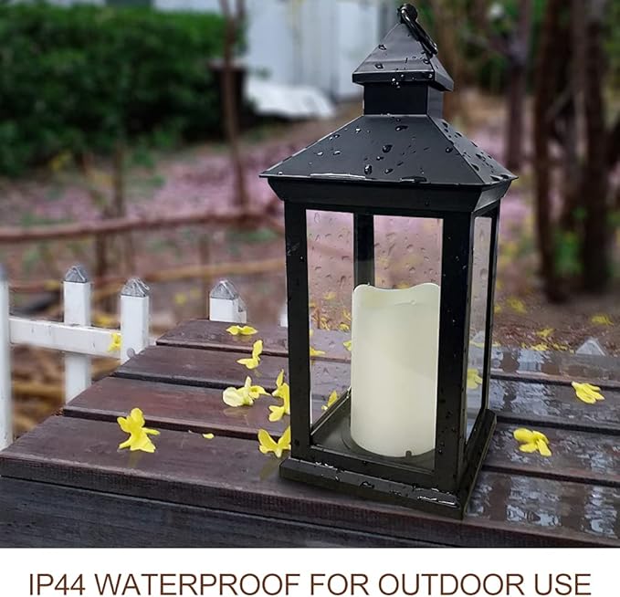 Bright Zeal 2-Pack 14" Decorative Candle Lantern Black Outdoor Lanterns with Timer Candles - IP44 Waterproof Vintage Lanterns Battery Powered LED Decorative for Wedding - Warm White Hanging Wall