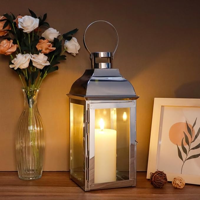 JHY DESIGN Silver Decorative Lanterns 12.5''High Stainless Steel Candle Lanterns with Tempered Glass for Indoor Outdoor Events Parities and Weddings Vintage Style Hanging Lamps