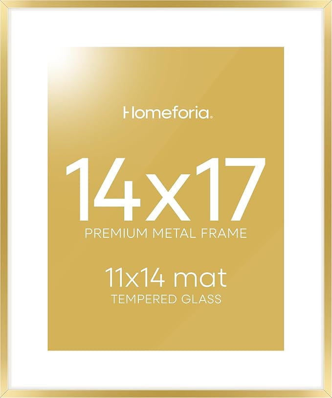 Homeforia 14x17 Picture Frame Gold, High End Metal 14x17 Poster Frames with Mat 11x14 Photo, 14 x 17 Gold Frames Matted to 11 by 14 Print, 17x14 Thin Hanging Frames, Tempered Glass, Wall Kit, Set of 1