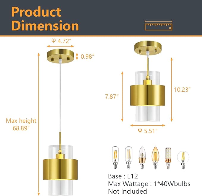 Modern Gold Pendant Lighting Indoor Kitchen Island Pendant Light Glass Shade Ceiling Light Fixtures for Bedroom Dining Room Living Room(1Pack)